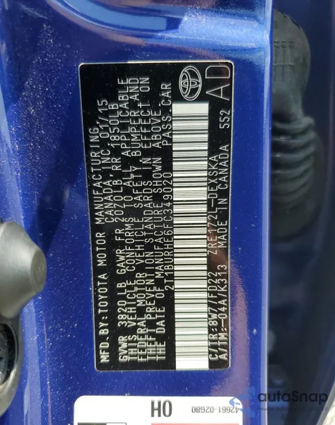 2015 Toyota Corolla L z USA, uszkodzony, nr VIN 2T1BURHE6FC349020